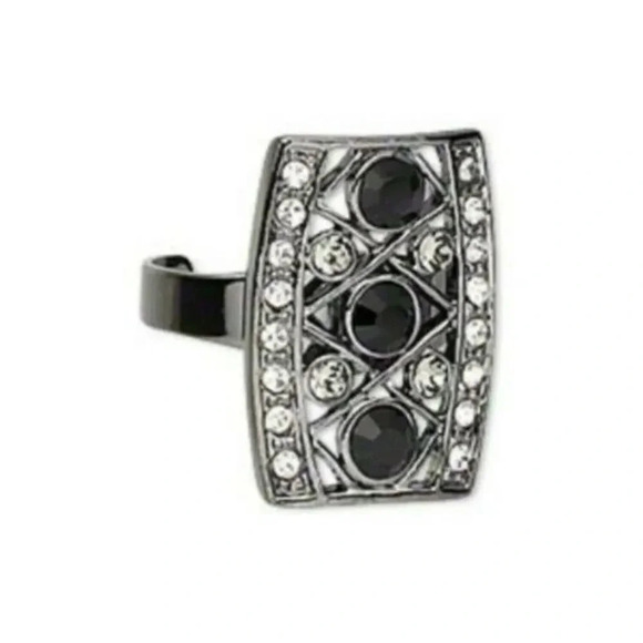 Art Deco Style Gunmetal Gray Black Clear Crystal Rhinestone Adjustable Ring - Picture 1 of 1